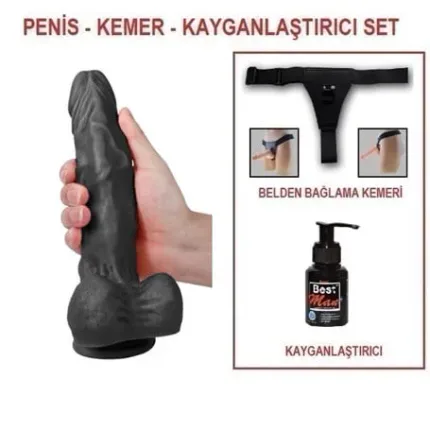23,5 Cm Belden Bağlamalı Realistik Dildo Zenci Penis Set