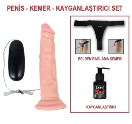 18,5 Cm Belden Bağlamalı Titreşimli Realistik Testissiz Dildo Penis Set
