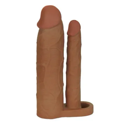 6 Cm Uzatmalı Çiftli İçi Boş Testis Kavramalı 21 Cm Çatal Dildo Melez Penis Kılıfı