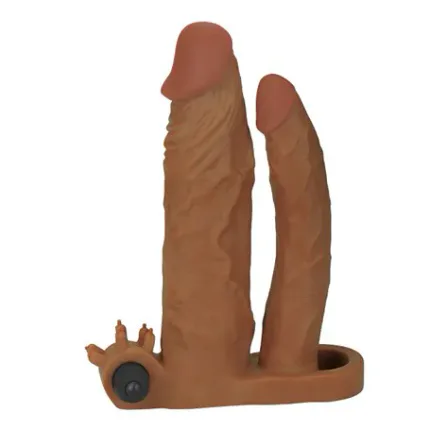5 Cm Uzatmalı Çiftli İçi Boş Titreşimli 19 Cm Çatal Dildo Melez Penis Kılıfı