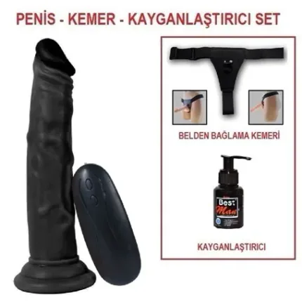 18,5 Cm Belden Bağlamalı Realistik Testissiz Titreşimli Zenci Dildo Penis Set