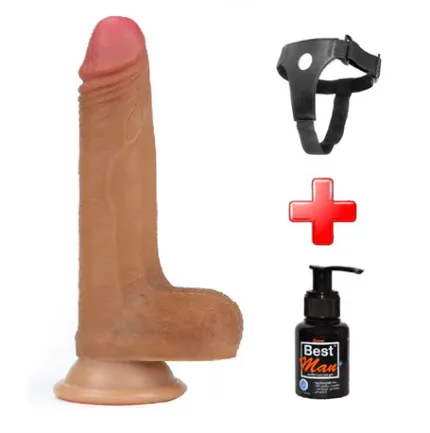 18 Cm Belden Bağlamalı Çift Katmanlı Realistik Melez Penis + Kemer + Kayganlaştırıcı Hediyeli