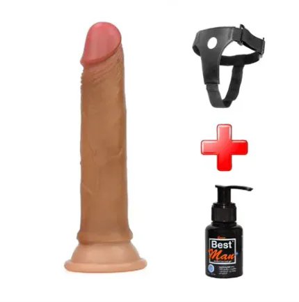 18 Cm Belden Bağlamalı Çift Katmanlı Testissiz Melez Realistik Penis + Kemer + Kayganlaştırıcı Hediyeli
