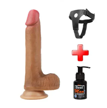 20,5 Cm Belden Bağlamalı Çift Katmanlı Melez Realistik Penis + Kemer + Kayganlaştırıcı Hediyeli
