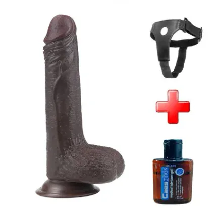 Yeni Nesil Çift Katmanlı Belden Bağlamalı 17,5 Cm Realistik Zenci Dildo Penis