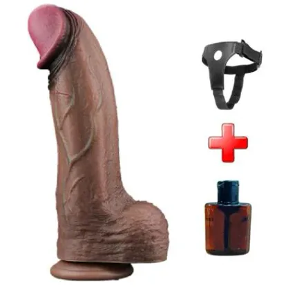 Belden Bağlamalı Yeni Nesil Çift Katmanlı 33 Cm Realistik Dev Melez Dildo Penis