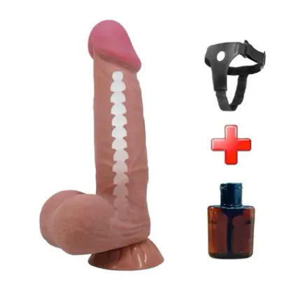 Belden Bağlamalı 21,8 Cm Kıkırdak Yapılı Çift Katmanlı Gerçekçi Melez Dildo Penis