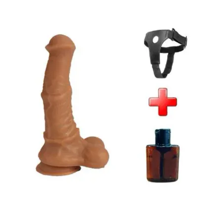 Belden Bağlamalı 24 Cm Et Dokulu Gerçekçi Çift Katmanlı Sünnetsiz Silikon Melez Penis