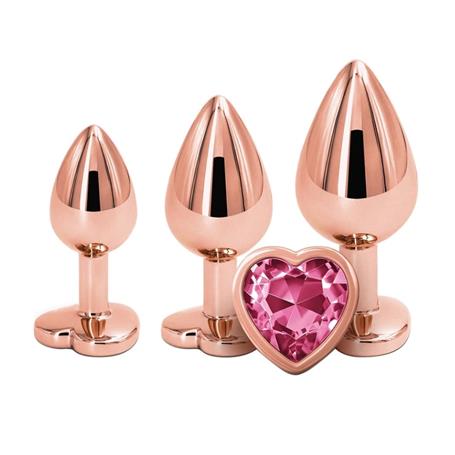 Kalp Mücevherli Paslanmaz Çelik Altın Gül Anal Plug Alıştırma Seti